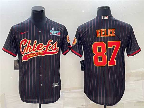 Mens Kansas City Chiefs #87 Travis Kelce Black With Super Bowl LVII Patch Cool Base Stitched Baseball Jersey